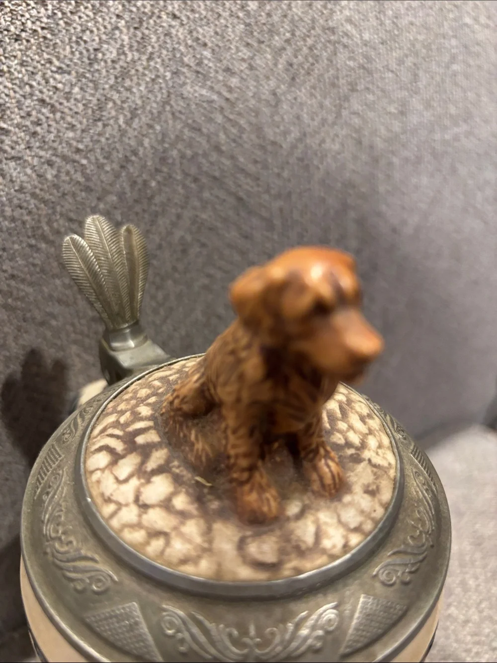 Decorative Ceramic Dog-Themed Beer Stein in Brown and Blue